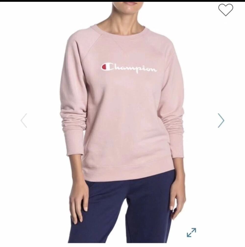 Champion Women Sweatshirt Boyfriend Powerblend Crew Stripe Script Logo Relaxed M